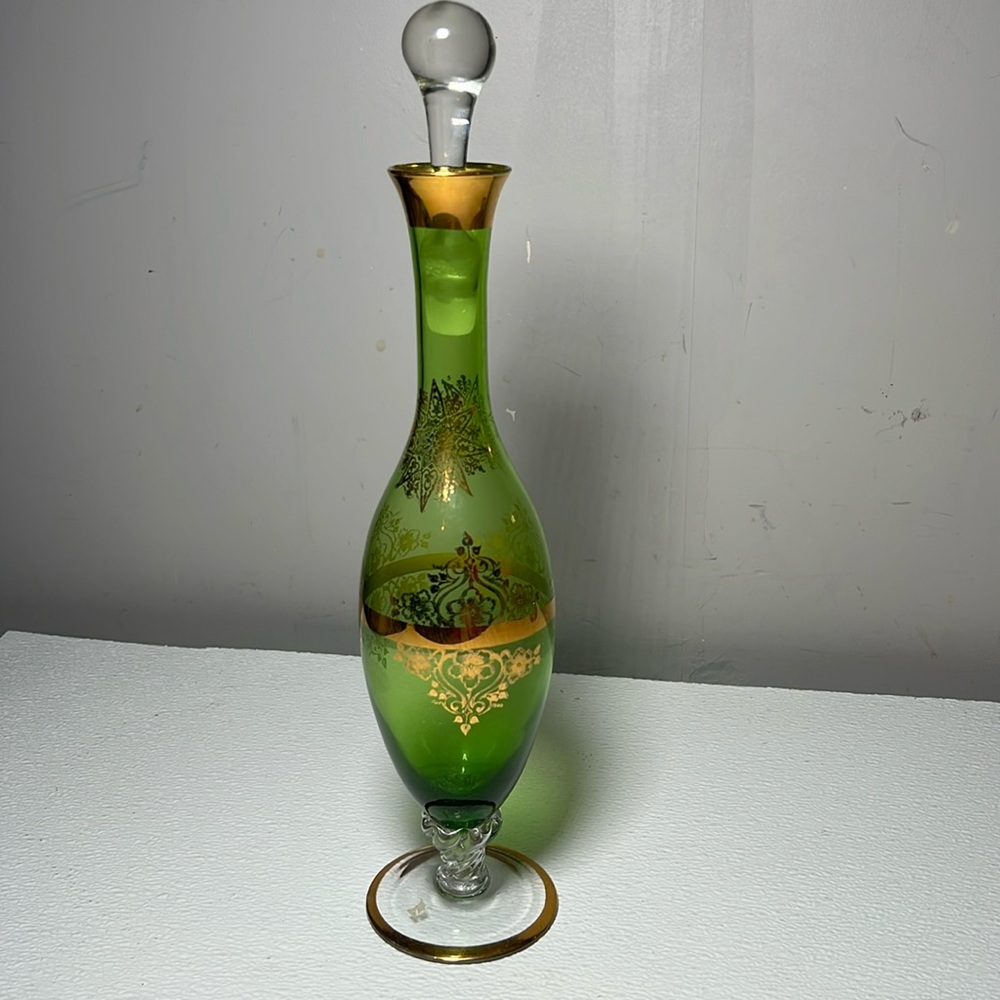 Antique VENETIAN Emerald Green Tall Perfume Bottle, Gold Gilding Glass Stopper
